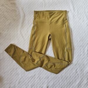 Fabletics Mustard Yellow Leggings Zip Pocket Exposed Seams Sz S (Est)